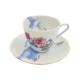 Vintage kop en schotel met sierlijke decoraties en twee toegevoegde foto's van mannen in een blauw raster. Uit de serie Vernieuwd! servies van Esther Derkx